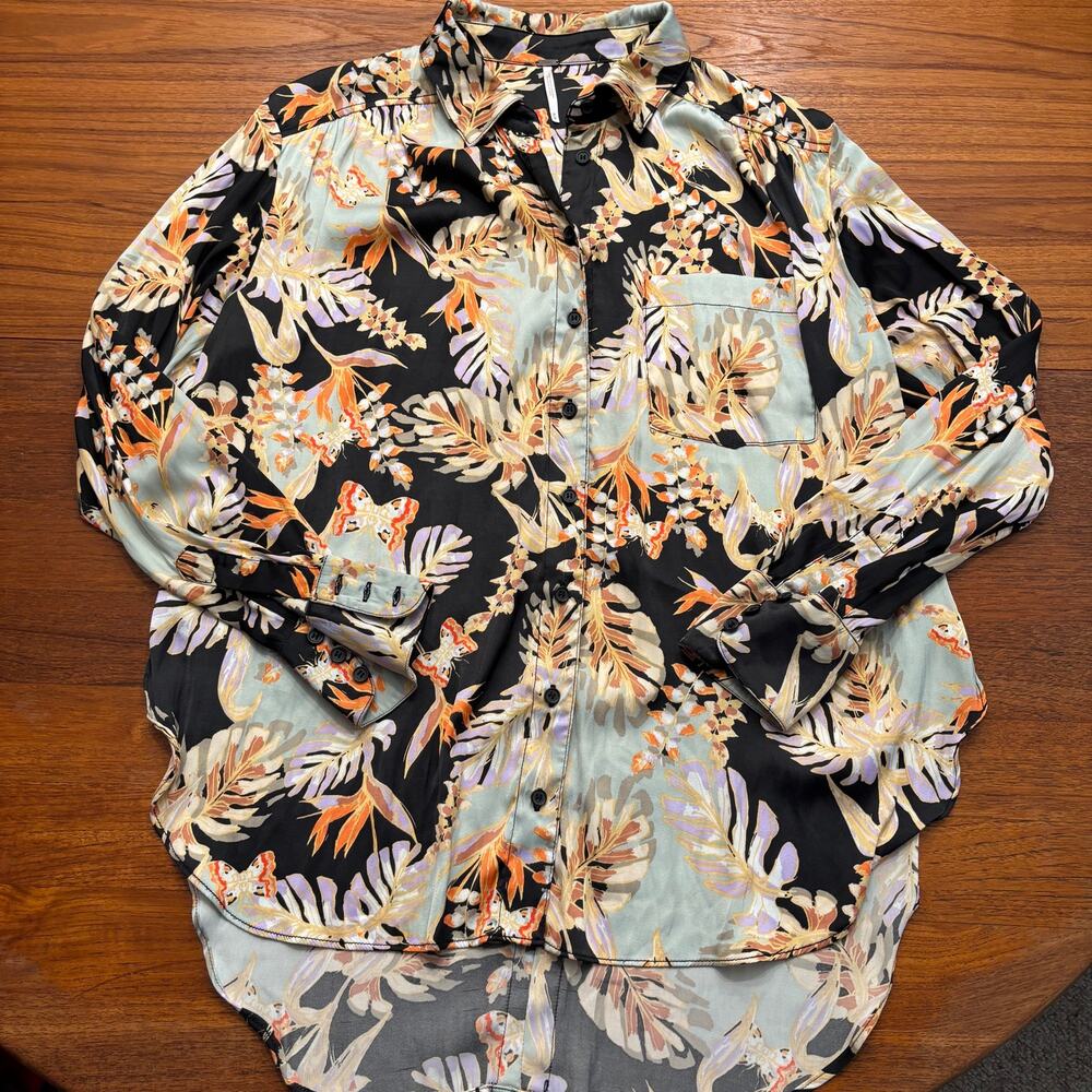 Free People Women's Long Sleeve Floral Black Mint Blue Button down shirt size M